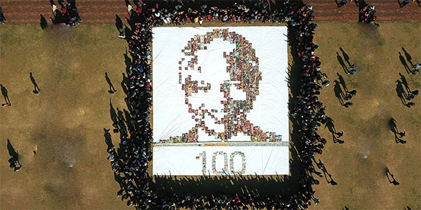 A portrait of Mandela's face crafted with donations from the Wits community. The donations will go towards the Wits Food Bank which supports students in need.